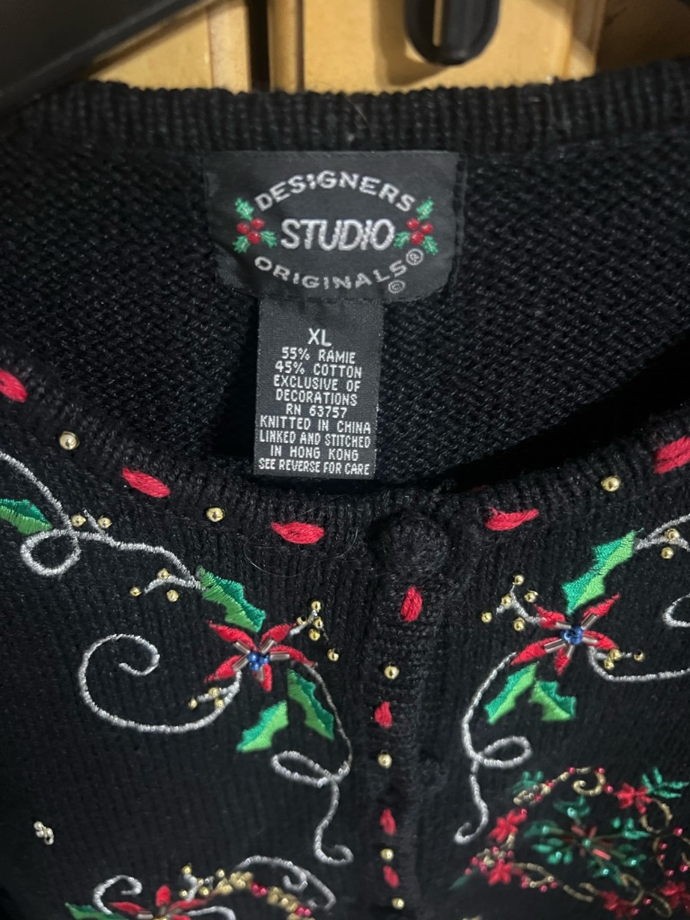 Designers Studio Black Holiday Embroidered Cardigan